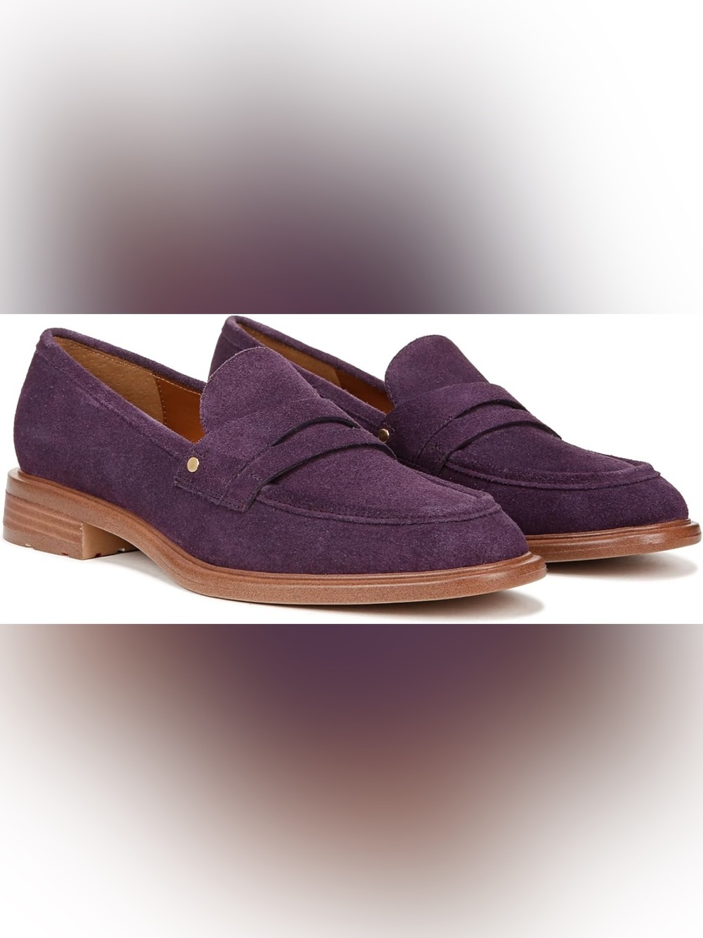 Franco Sarto Edith Loafers in a distinct purple suede with a stacked wood heel